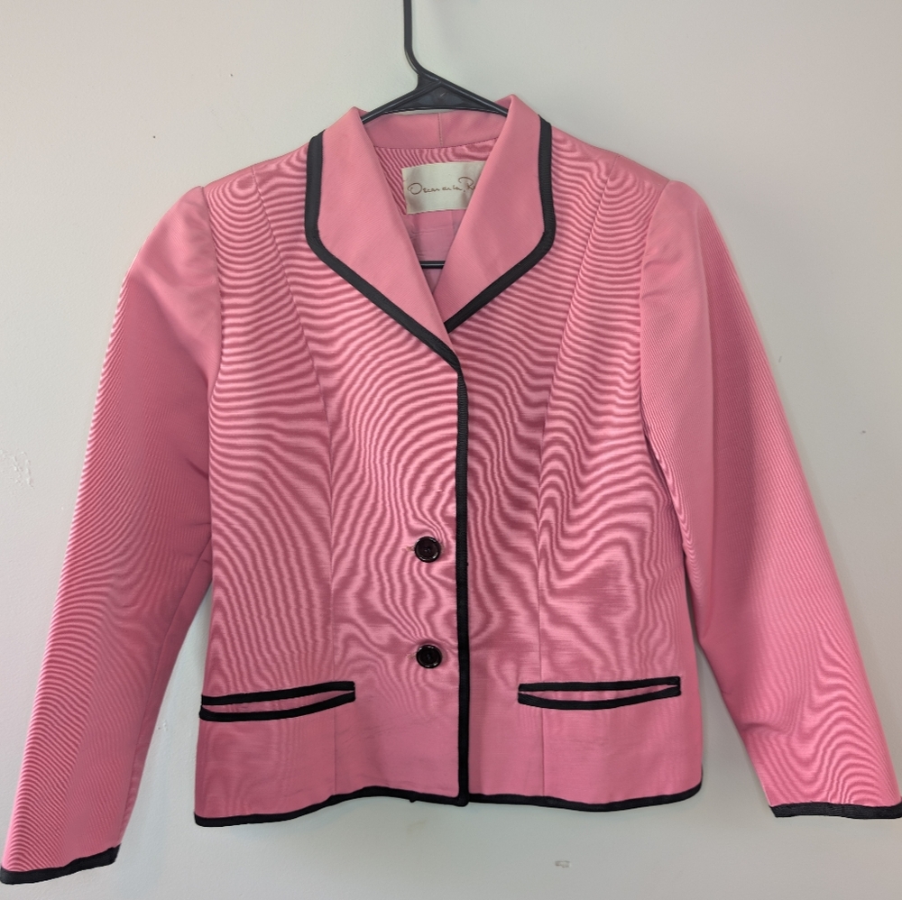 Vintage '80s Oscar De La Renta Size 10 Pink Women's Jacket with Black Trim